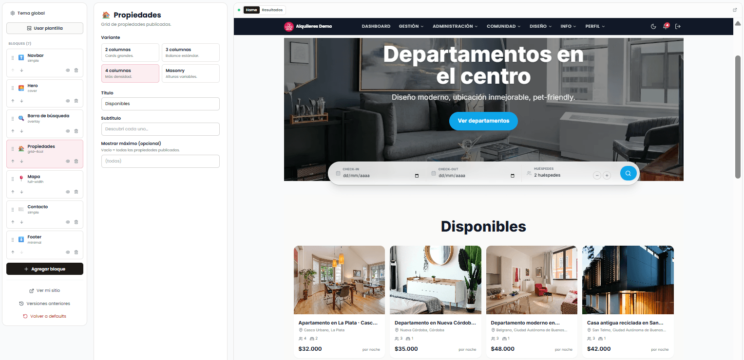 Visual editor of Alojando's website builder